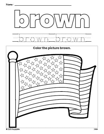 Free Fourth of July American Flag color brown coloring page and color worksheet, brown worksheet for preschoolers to learn colors, printable PDF