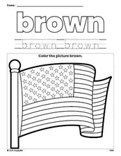 Free Fourth of July American Flag color brown coloring page and color worksheet, brown worksheet for preschoolers to learn colors, printable PDF