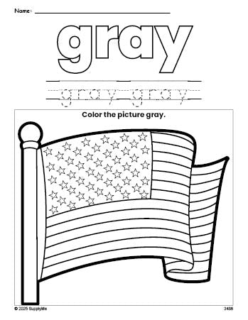 Free Fourth of July American Flag color gray coloring page and color worksheet, gray worksheet for preschoolers to learn colors, printable PDF