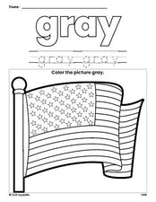 Free Fourth of July American Flag color gray coloring page and color worksheet, gray worksheet for preschoolers to learn colors, printable PDF