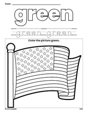 Free Fourth of July American Flag color green coloring page and color worksheet, green worksheet for preschoolers to learn colors, printable PDF