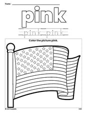 Free Fourth of July American Flag color pink coloring page and color worksheet, pink worksheet for preschoolers to learn colors, printable PDF