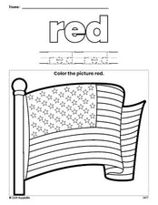 Free Fourth of July American Flag color red coloring page and color worksheet, red worksheet for preschoolers to learn colors, printable PDF