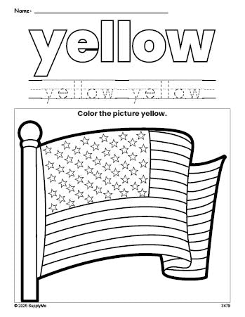 Free Fourth of July American Flag color yellow coloring page and color worksheet, yellow worksheet for preschoolers to learn colors, printable PDF