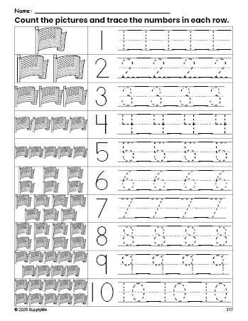 Free printable Fourth of July American Flag counting worksheet for preschool and pre-k with number tracing practice 1-10, PDF