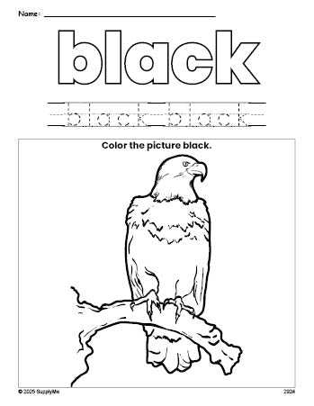 Free Fourth of July bald eagle color black coloring page and color worksheet, black worksheet for preschoolers to learn colors, printable PDF