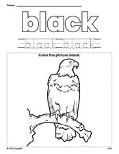 Free Fourth of July bald eagle color black coloring page and color worksheet, black worksheet for preschoolers to learn colors, printable PDF