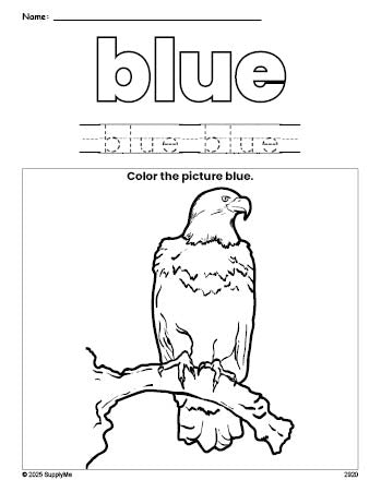 Free Fourth of July bald eagle color blue coloring page and color worksheet, blue worksheet for preschoolers to learn colors, printable PDF