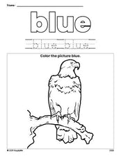 Free Fourth of July bald eagle color blue coloring page and color worksheet, blue worksheet for preschoolers to learn colors, printable PDF