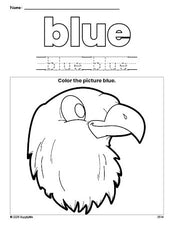 Free Fourth of July bald eagle color blue coloring page and color worksheet, blue worksheet for preschoolers to learn colors, printable PDF