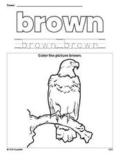 Free Fourth of July bald eagle color brown coloring page and color worksheet, brown worksheet for preschoolers to learn colors, printable PDF