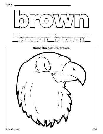 Free Fourth of July bald eagle color brown coloring page and color worksheet, brown worksheet for preschoolers to learn colors, printable PDF