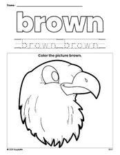 Free Fourth of July bald eagle color brown coloring page and color worksheet, brown worksheet for preschoolers to learn colors, printable PDF