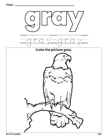 Free Fourth of July bald eagle color gray coloring page and color worksheet, gray worksheet for preschoolers to learn colors, printable PDF