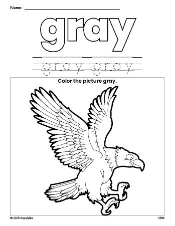 Free Fourth of July bald eagle color gray coloring page and color worksheet, gray worksheet for preschoolers to learn colors, printable PDF