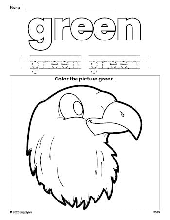 Free Fourth of July bald eagle color green coloring page and color worksheet, green worksheet for preschoolers to learn colors, printable PDF