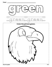 Free Fourth of July bald eagle color green coloring page and color worksheet, green worksheet for preschoolers to learn colors, printable PDF