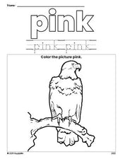 Free Fourth of July bald eagle color pink coloring page and color worksheet, pink worksheet for preschoolers to learn colors, printable PDF