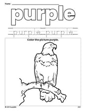 Free Fourth of July bald eagle color purple coloring page and color worksheet, purple worksheet for preschoolers to learn colors, printable PDF