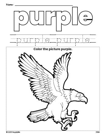 Free Fourth of July bald eagle color purple coloring page and color worksheet, purple worksheet for preschoolers to learn colors, printable PDF