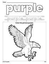 Free Fourth of July bald eagle color purple coloring page and color worksheet, purple worksheet for preschoolers to learn colors, printable PDF