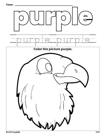 Free Fourth of July bald eagle color purple coloring page and color worksheet, purple worksheet for preschoolers to learn colors, printable PDF