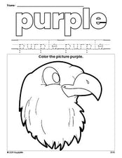 Free Fourth of July bald eagle color purple coloring page and color worksheet, purple worksheet for preschoolers to learn colors, printable PDF