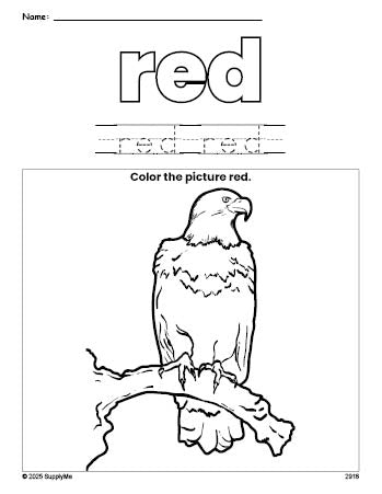 Free Fourth of July bald eagle color red coloring page and color worksheet, red worksheet for preschoolers to learn colors, printable PDF