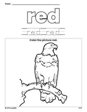 Free Fourth of July bald eagle color red coloring page and color worksheet, red worksheet for preschoolers to learn colors, printable PDF