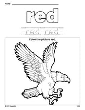 Free Fourth of July bald eagle color red coloring page and color worksheet, red worksheet for preschoolers to learn colors, printable PDF