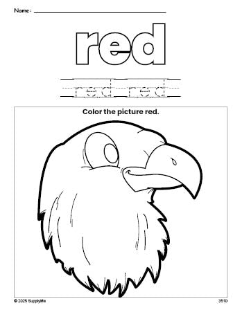 Free Fourth of July bald eagle color red coloring page and color worksheet, red worksheet for preschoolers to learn colors, printable PDF