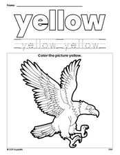 Free Fourth of July bald eagle color yellow coloring page and color worksheet, yellow worksheet for preschoolers to learn colors, printable PDF