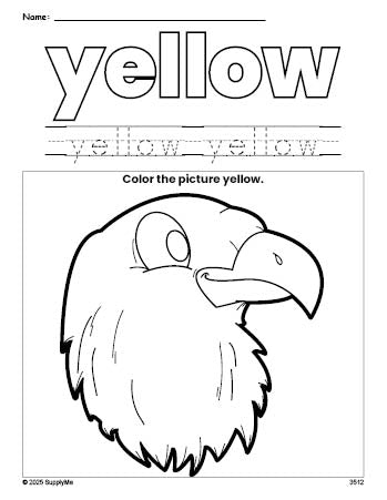 Free Fourth of July bald eagle color yellow coloring page and color worksheet, yellow worksheet for preschoolers to learn colors, printable PDF