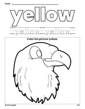 Free Fourth of July bald eagle color yellow coloring page and color worksheet, yellow worksheet for preschoolers to learn colors, printable PDF