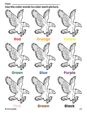 Free Fourth of July bald eagle coloring page and color worksheet for preschoolers to learn colors, printable PDF