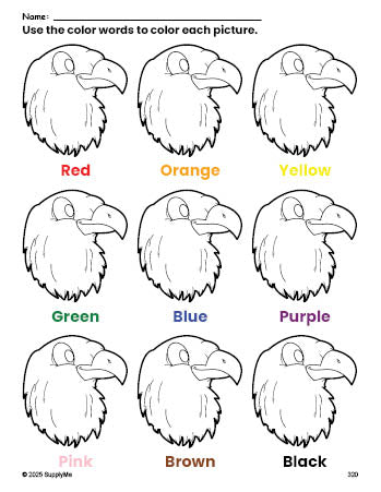 Free Fourth of July bald eagle coloring page and color worksheet for preschoolers to learn colors, printable PDF