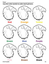 Free Fourth of July bald eagle coloring page and color worksheet for preschoolers to learn colors, printable PDF