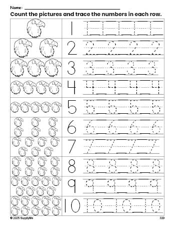 Free printable Fourth of July bald eagle counting worksheet for preschool and pre-k with number tracing practice 1-10, PDF