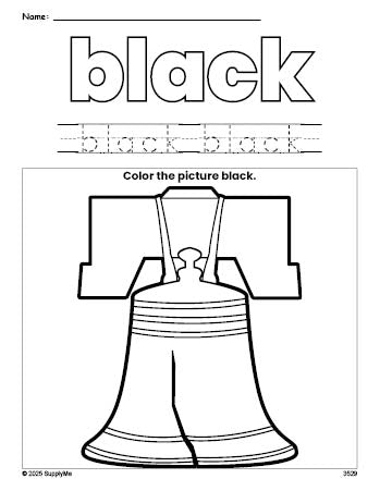 Free Fourth of July Liberty Bell color black coloring page and color worksheet, black worksheet for preschoolers to learn colors, printable PDF