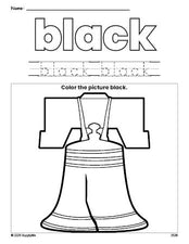 Free Fourth of July Liberty Bell color black coloring page and color worksheet, black worksheet for preschoolers to learn colors, printable PDF