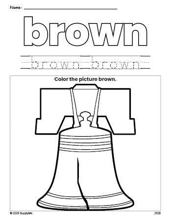 Free Fourth of July Liberty Bell color brown coloring page and color worksheet, brown worksheet for preschoolers to learn colors, printable PDF