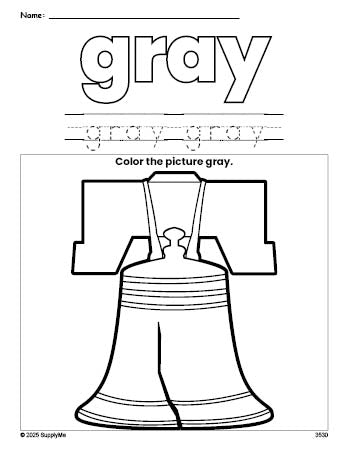 Free Fourth of July Liberty Bell color gray coloring page and color worksheet, gray worksheet for preschoolers to learn colors, printable PDF