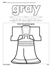 Free Fourth of July Liberty Bell color gray coloring page and color worksheet, gray worksheet for preschoolers to learn colors, printable PDF