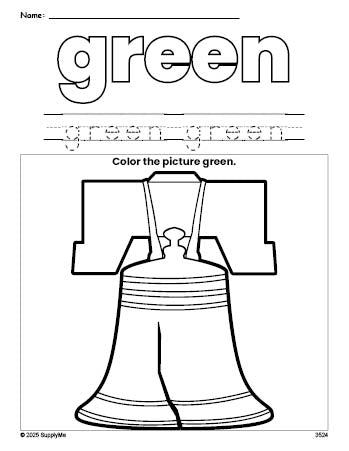 Free Fourth of July Liberty Bell color green coloring page and color worksheet, green worksheet for preschoolers to learn colors, printable PDF