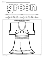 Free Fourth of July Liberty Bell color green coloring page and color worksheet, green worksheet for preschoolers to learn colors, printable PDF