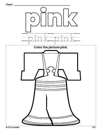 Free Fourth of July Liberty Bell color pink coloring page and color worksheet, pink worksheet for preschoolers to learn colors, printable PDF