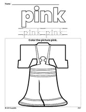 Free Fourth of July Liberty Bell color pink coloring page and color worksheet, pink worksheet for preschoolers to learn colors, printable PDF