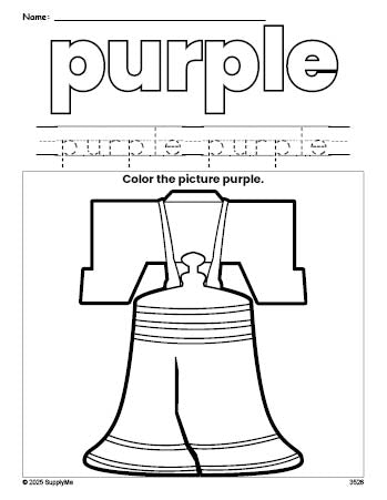 Free Fourth of July Liberty Bell color purple coloring page and color worksheet, purple worksheet for preschoolers to learn colors, printable PDF