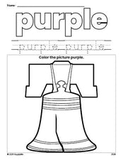 Free Fourth of July Liberty Bell color purple coloring page and color worksheet, purple worksheet for preschoolers to learn colors, printable PDF