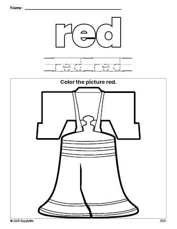 Free Fourth of July Liberty Bell color red coloring page and color worksheet, red worksheet for preschoolers to learn colors, printable PDF